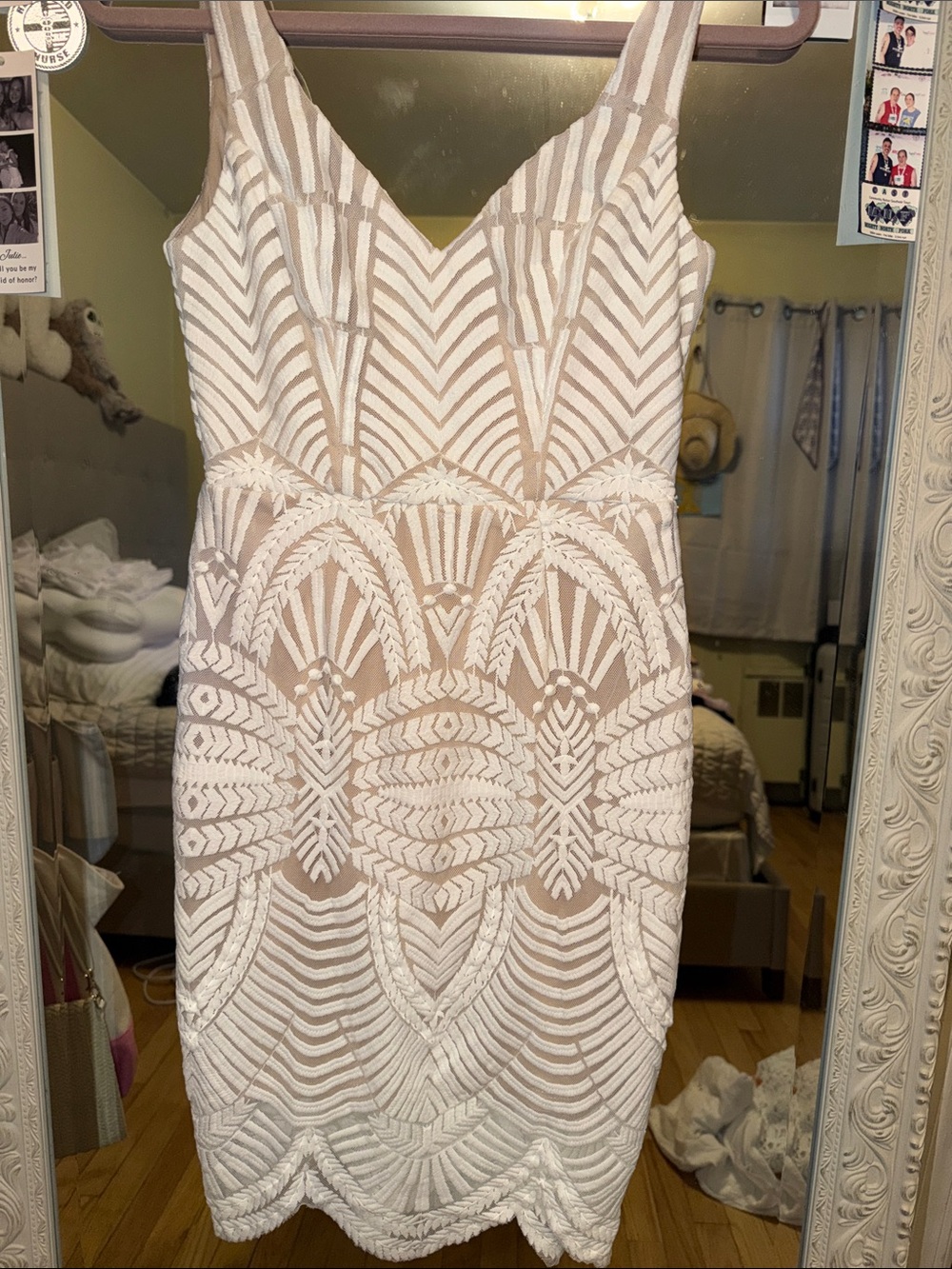 Beige and White Embroidered Sheath Dress